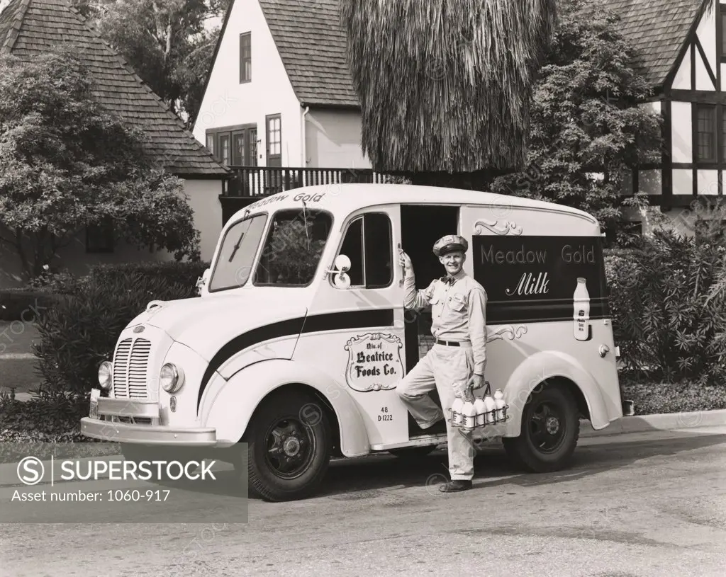 Milkman delivering milk, Pasadena, California, USA, 1950