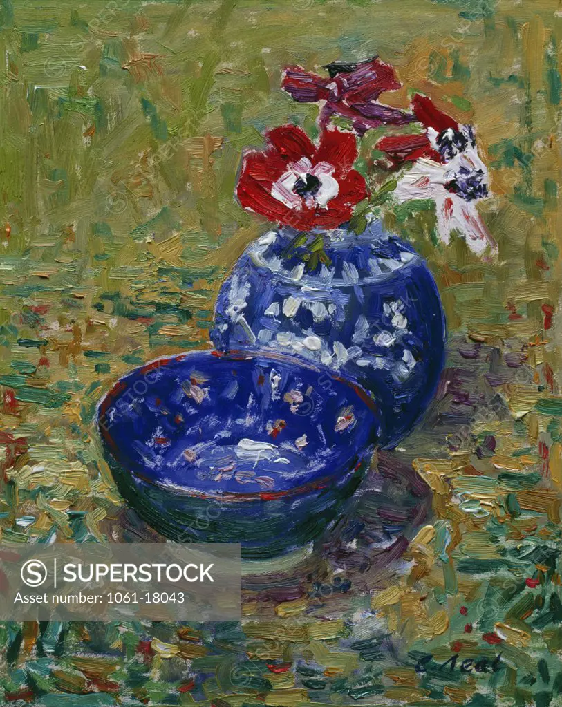 Blue China and Anemones by Charles Neal,  oil on canvas,  (b.1951)