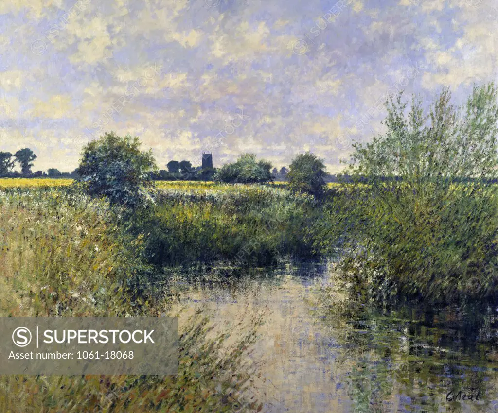 UK,  Gloucestershire,  River Thames,  View to Kempford by Charles Neal,  oil on canvas,  (b.1951)