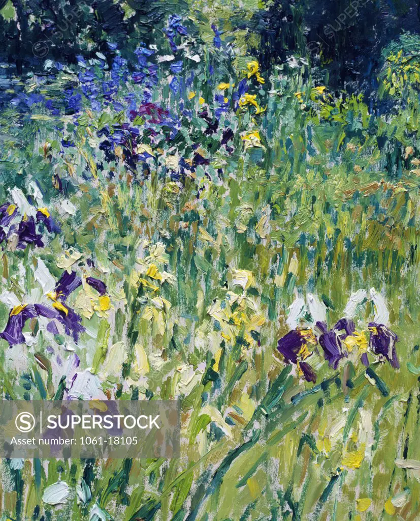 UK,  Surrey,  Fleet Manor,  Japanese Bridge with Irises by Charles Neal,  oil on canvas,  detail,  (b.1951)