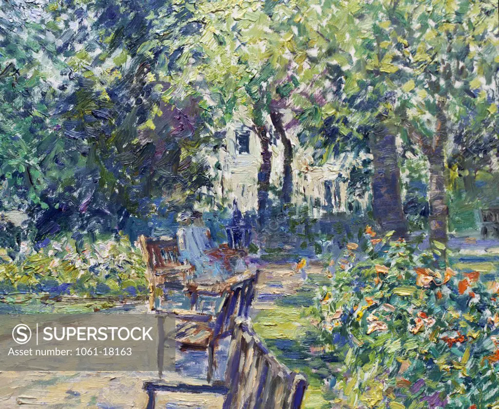 UK,  Warwickshire,  Park Benches--Jephson Gardens (Afternoon,  July),  Royal Leamington Spa by Charles Neal,  oil on panel,  b.1951 British