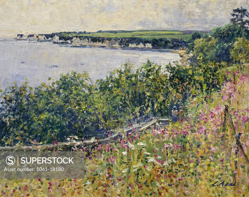 UK,  Dorset,  Studland,  View To The Foreland From Redend Point (Morning,  July) by Charles Neal,  oil on panel,  b.1951 British