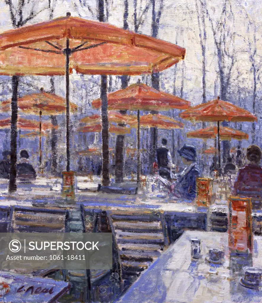 Winter cafe scene, Jardin des Tuileries, Paris, France, Charles Neal, (b.1951/British), Oil on canvas