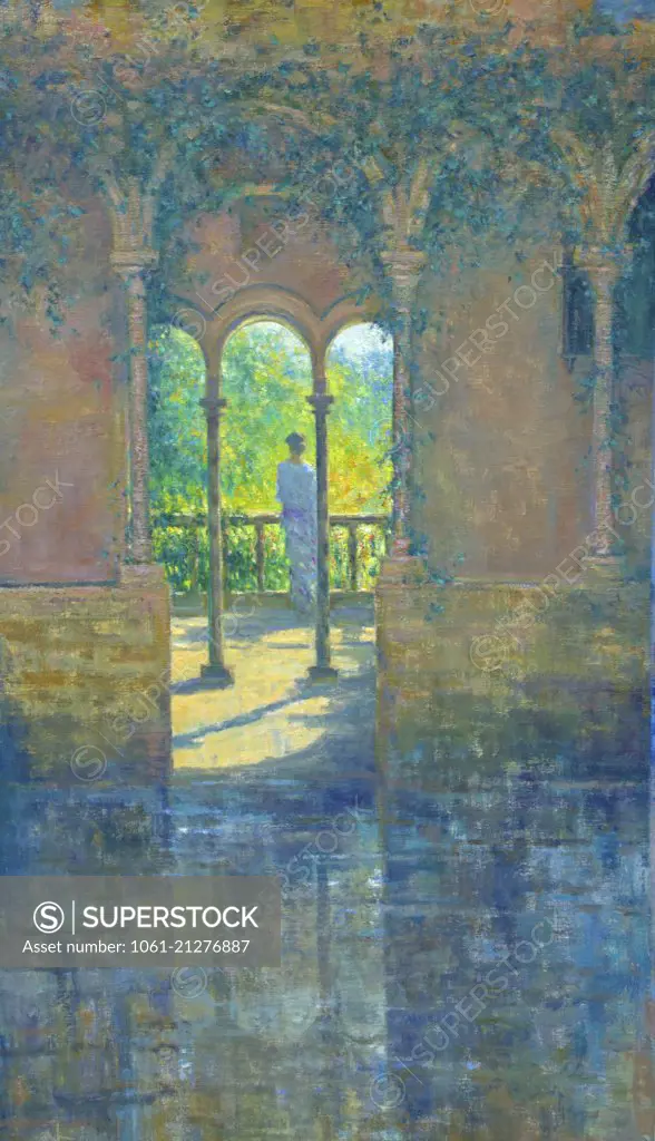 Alter Realist composition of a arcadian setting incorporating the Cloister interior at Iford Manor Wiltshire. Based on a poem by Elisabeth - Cartwright- Hignett written in 1997, at Iford Manor . Time is our chequerboard of dark and bright.With peace and turmoil, grieving and delight; andinthe end there's no moretime to tell to make amends;solove,and use time well.  