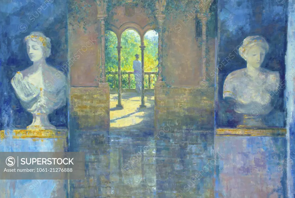 Alter Realist composition of a arcadian setting incorporating the Cloister interior at Iford Manor Wiltshire. Based on a poem by Elisabeth - Cartwright- Hignett written in 1997, at Iford Manor . Time is our chequerboard of dark and bright. With peace and turmoil, grieving and delight; and in the end there's no moretime to tell to make amends;solove,and use time well.