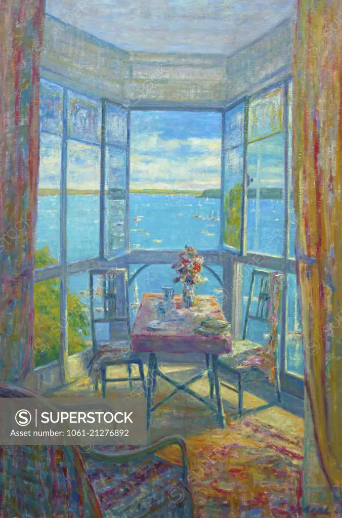 Impressionist interior composition with open window and view to sea .