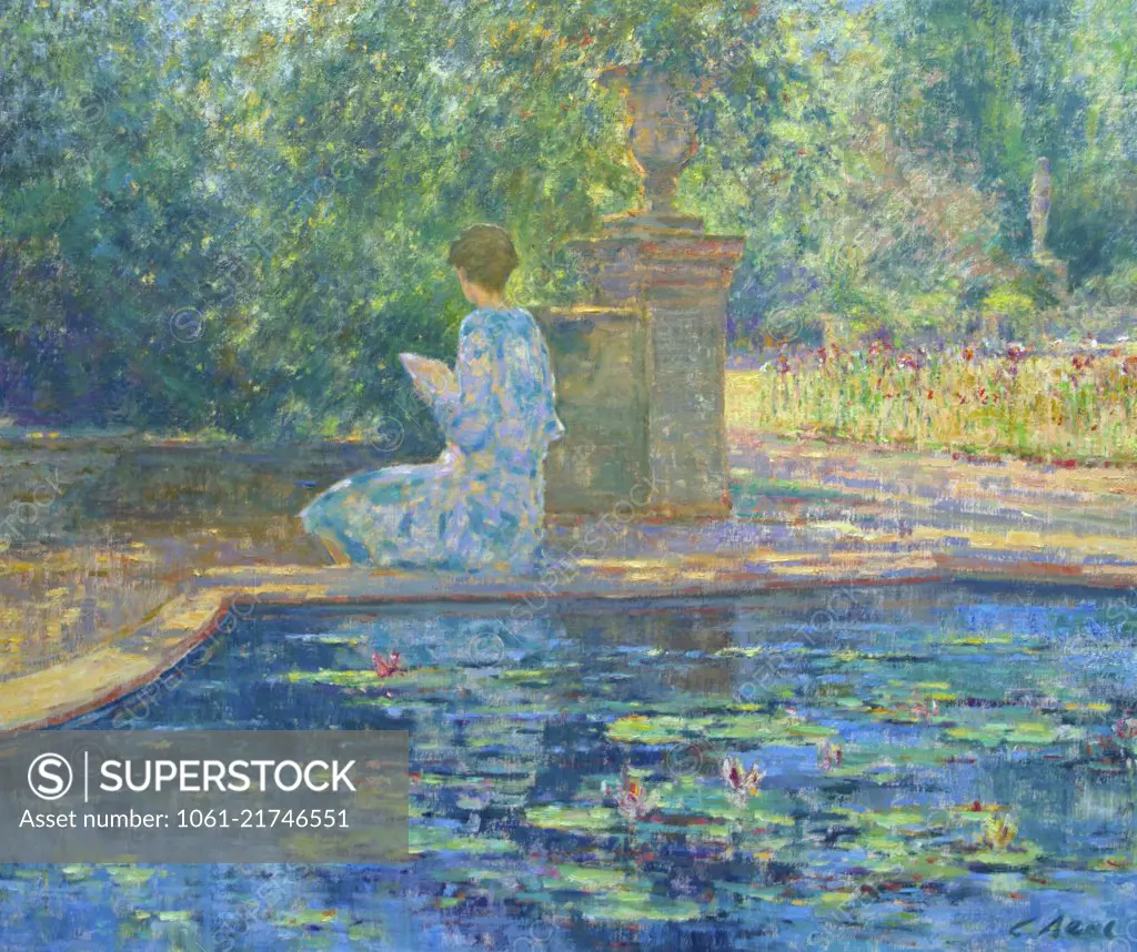 Garden scene with seated female figure reading.