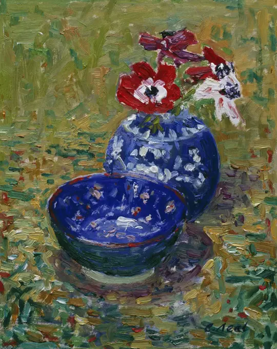 Blue China and Anemones by Charles Neal,  oil on canvas,  (b.1951)