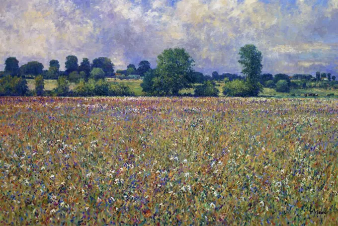 France,  Normandie,  Carmenil,  Summer Field Scene,  Farm L'Aumone by Charles Neal,  oil on canvas,  (b.1951)