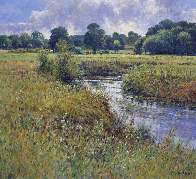 France,  Normandie,  Cramenil,  River Rouvre,  Farm L'Aumone by Charles Neal,  oil on canvas,  (b.1951)