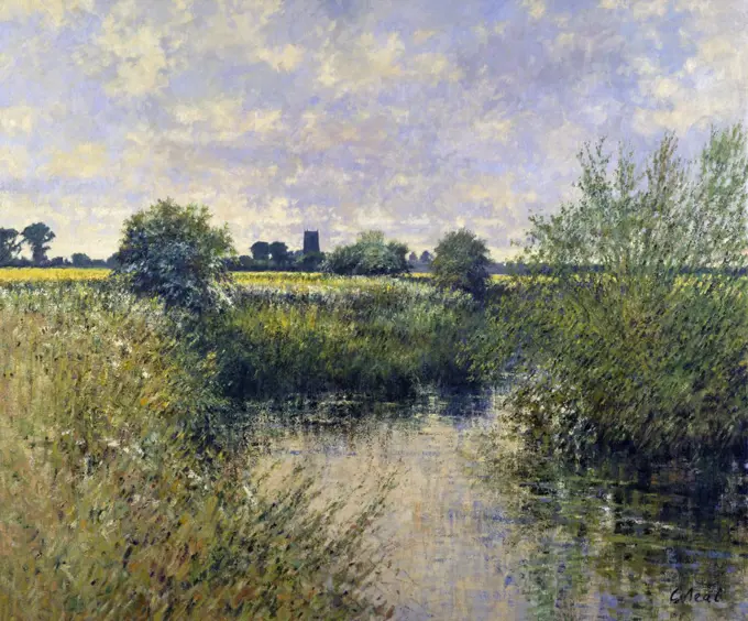 UK,  Gloucestershire,  River Thames,  View to Kempford by Charles Neal,  oil on canvas,  (b.1951)