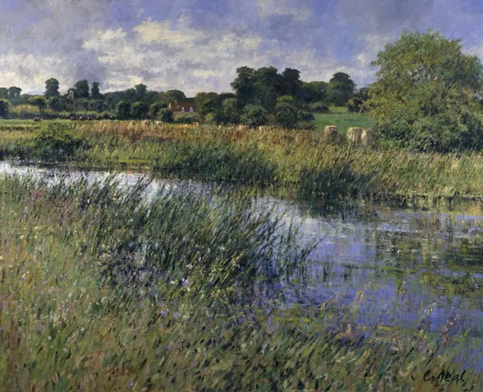 UK,  River Nene,  View to Mill by Charles Neal,  oil on canvas,  (b.1951)