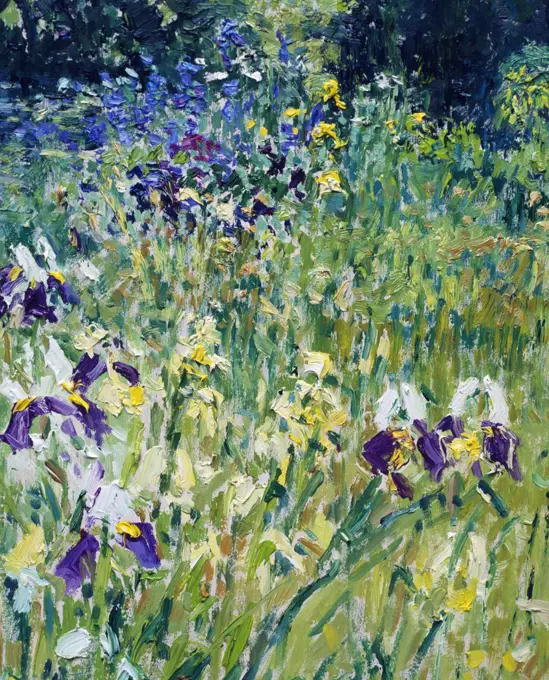 UK,  Surrey,  Fleet Manor,  Japanese Bridge with Irises by Charles Neal,  oil on canvas,  detail,  (b.1951)