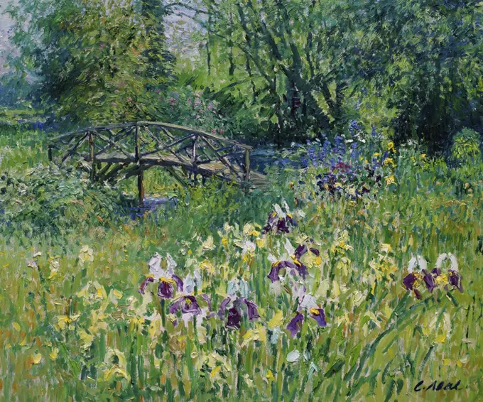 Japanese Bridge with Irises by Fleet Manor, Surrey 1998 Charles Neal (b.1951/British) Oil on canvas