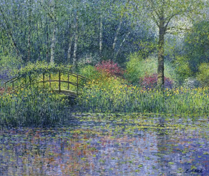 Japanese Bridge & Pond 1998  Charles Neal (b.1951/British) Oil on canvas 