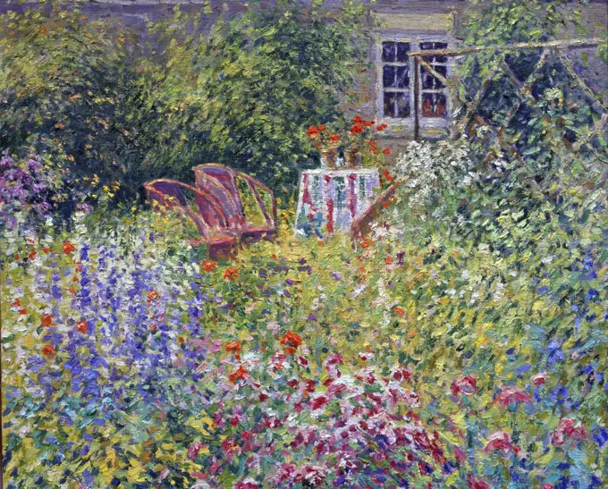 Border Composition with Garden Chairs, Lock Farm, Buscot, Oxfordshire (Afternoon, July) Charles Neal (b.1951/British) Oil on canvas