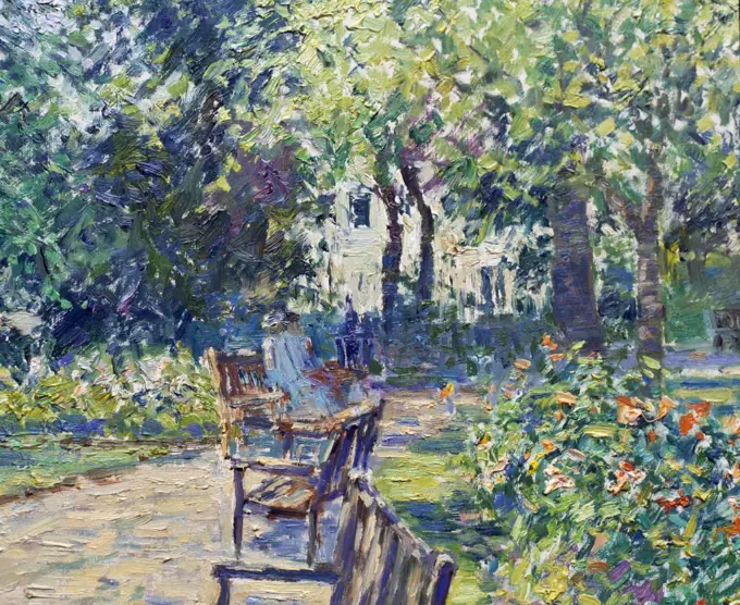 UK,  Warwickshire,  Park Benches--Jephson Gardens (Afternoon,  July),  Royal Leamington Spa by Charles Neal,  oil on panel,  b.1951 British