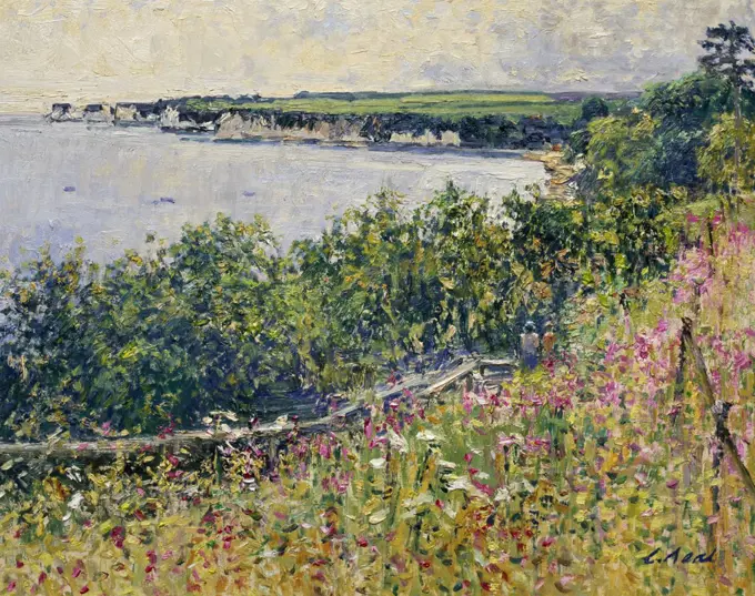 UK,  Dorset,  Studland,  View To The Foreland From Redend Point (Morning,  July) by Charles Neal,  oil on panel,  b.1951 British