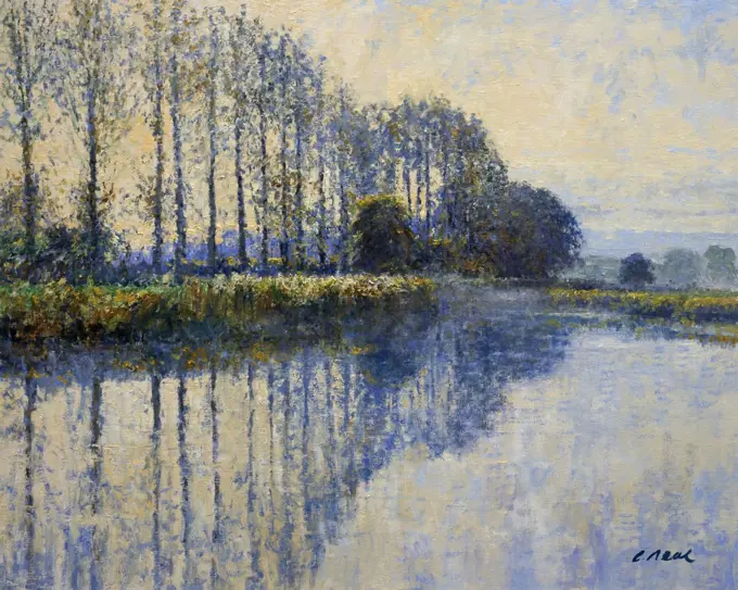 UK,  Oxfordshire,  River Thames at Buscot,  (Morning,  October) by Charles Neal,  oil on canvas,  b.1951 British