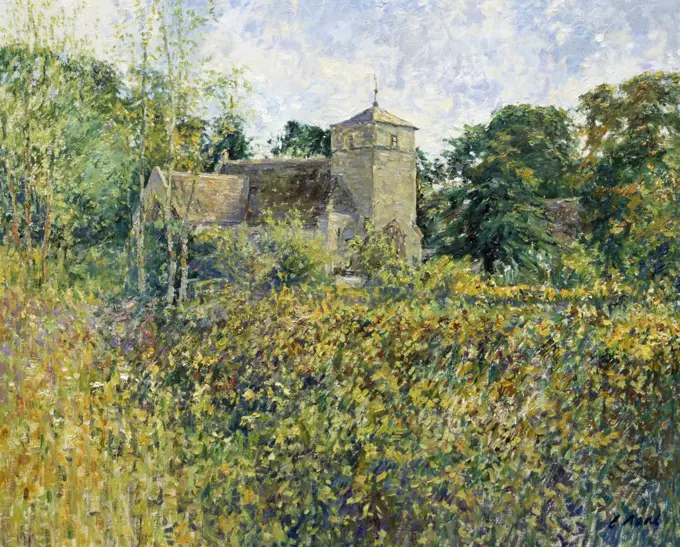 UK,  Gloucestershire,  Eastleach,  Martin Church (Afternoon,  October) by Charles Neal,  oil on canvas,  b.1951 British