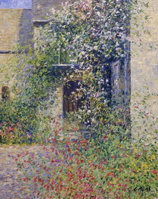 Oxfordshire,  Buscot,  Lock Farm,  Porch with Roses (Morning,  July) by Charles Neal,  oil on canvas,  (b.1951)