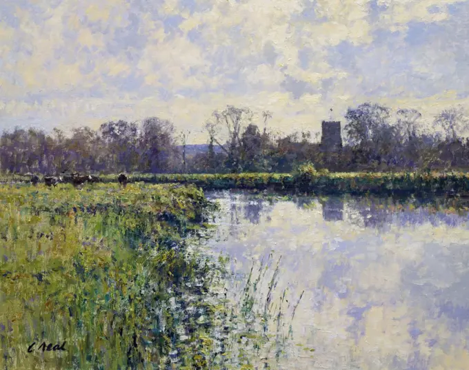 View to Buscot Church From Water Meadow (Morning,  November) by Charles Neal,  oil on canvas,  (b.1951)