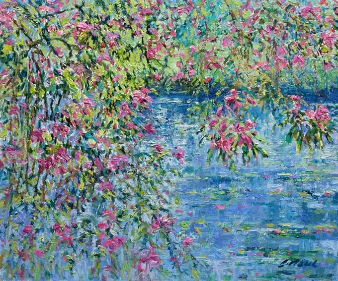 Rhododendrons Over the Lily Pond-Afternoon, June 2004 Charles Neal (b.1951/British) Oil on canvas