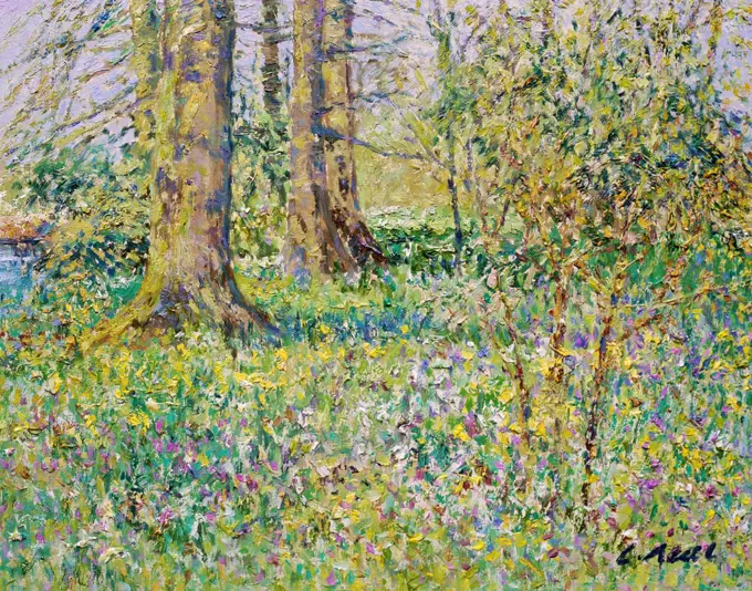 Spring View Over the Bog Garden, Byfleet Manor  2004 Charles Neal (b.1951/British) Oil on panel