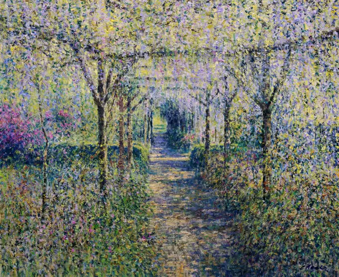 View of the Pergola with Wisteria Canopy & Border Planting, Great Tangely Manor-Morning, July 2004 Charles Neal (b.1951/British) Oil on canvas