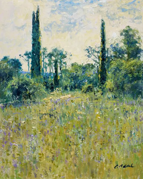 Field Scene Near Lorgues, Provence, France- Morning, July 2003 Charles Neal (b.1951/British) Oil on panel