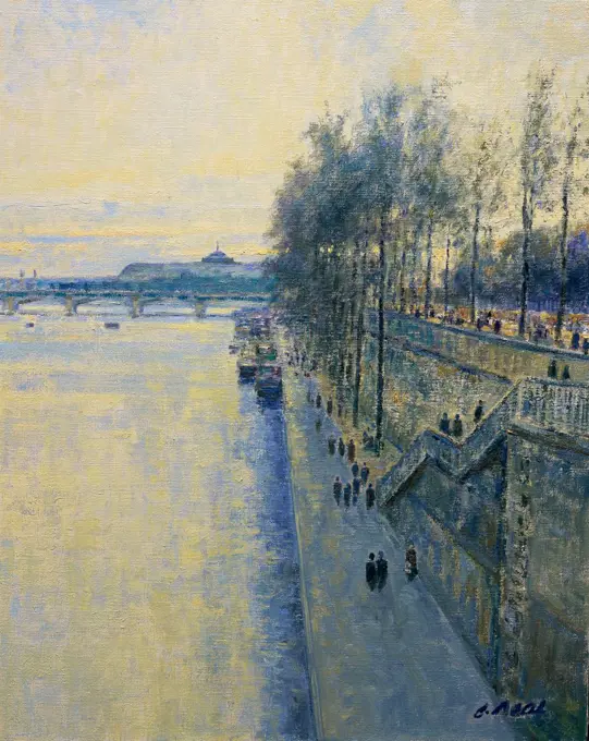 View from Pont Royal, Paris, France-Late Afternoon February  2003 Charles Neal (b.1951/British) Oil on canvas