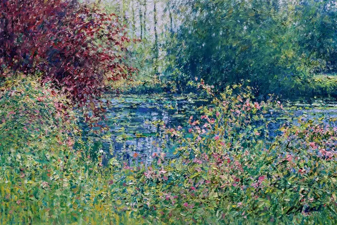 Lily Pond Composition with Roses-Morning, July  2004 Charles Neal (b.1951/British) Oil on panel