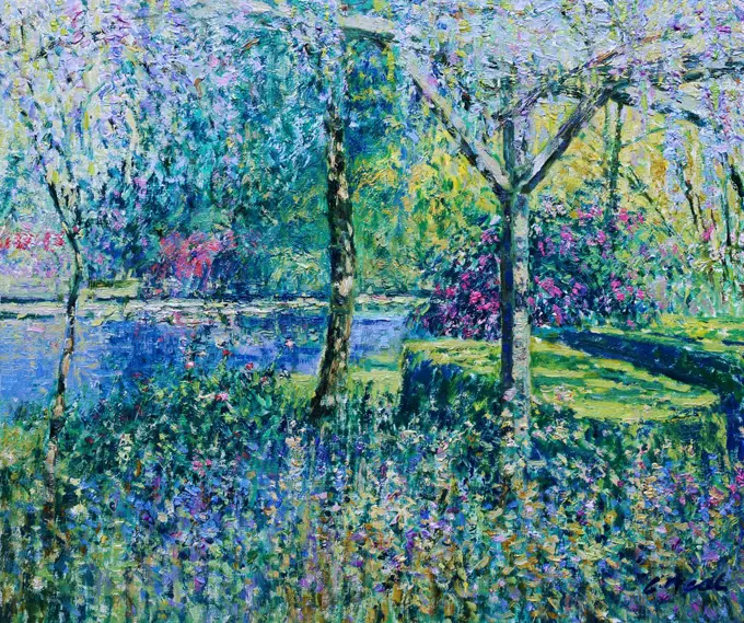 Pergola Composition with Lily Pond-Early Summer  2004 Charles Neal (b.1951 British) Oil on canvas