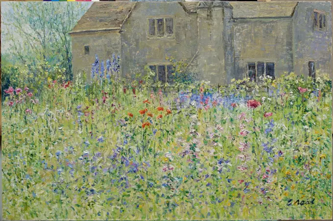 View to the Farm House from the Flower Garden, Lock Farm, Buscot, Oxfordshire 2003 Charles Neal (b.1951 British) Oil on canvas