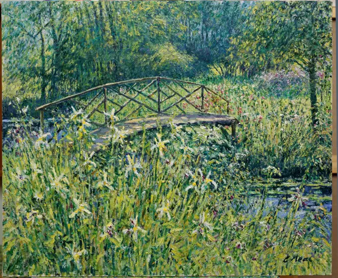 The Japanese Bridge with Irises, Byfleet Manor, Surrey (II) 2003 Charles Neal (b.1951 British) Oil on canvas