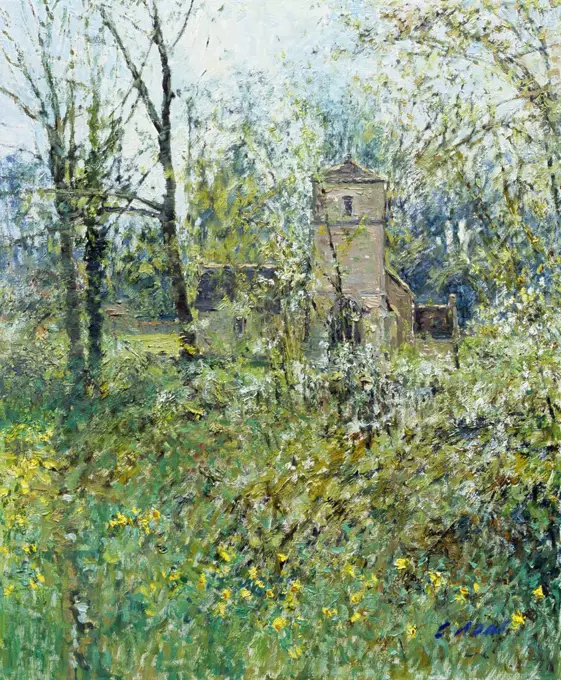 St. Martin's Church, Eastleach Martin, Gloucestershire. Morning May. Charles Neal (b.1951 British) Oil On Panel