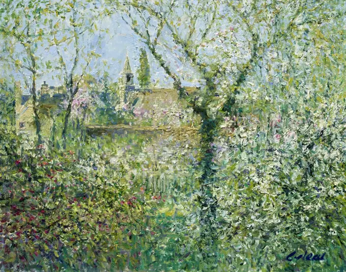 Quenington Village. Spring, Gloucestershire. Morning, April. Charles Neal (b.1951 British) Oil On Panel