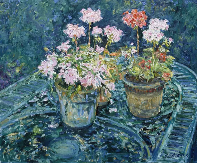 Geraniums On Garden Table Charles Neal (b.1951 British) Oil On Panel