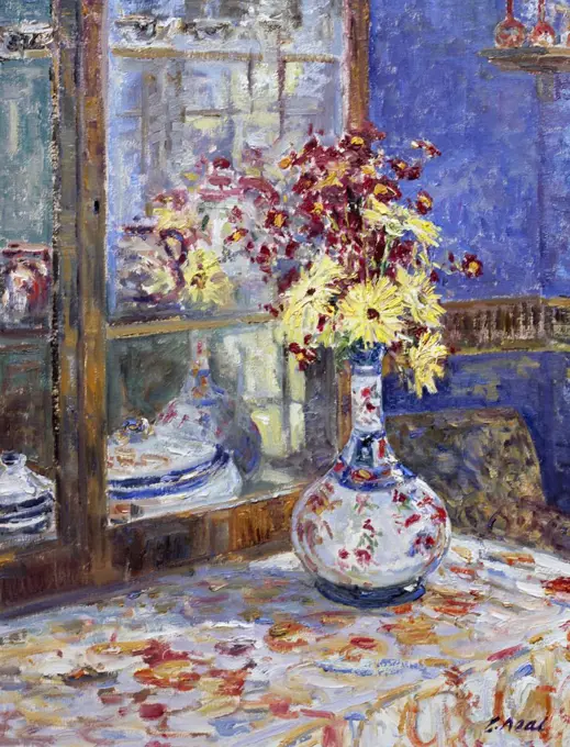 Still Life With Reflections. The Dining Room At The Artist's Home Charles Neal (b.1951 British) Oil On Canvas