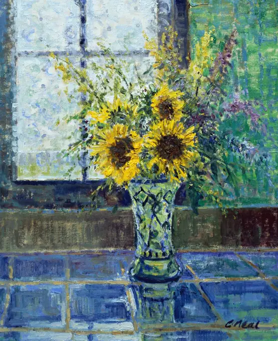 Arrangement With Sunflowers And Viennese Vase Charles Neal (b.1951 British) Oil On Canvas