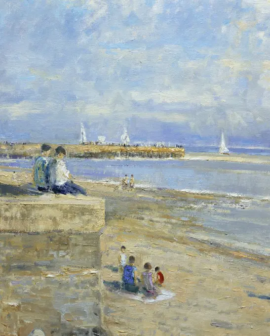 Jetty And Beach At Ste. Valery-En-Caux, Normandie. Morning, August (Detail) Charles Neal (b.1951 British) Oil On Canvas