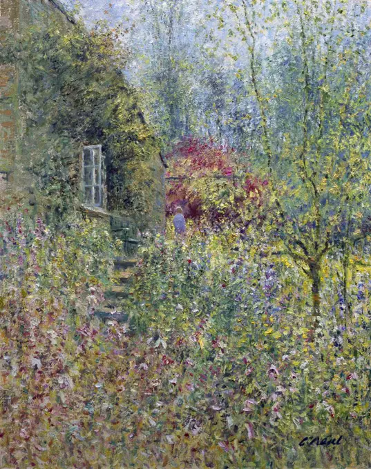 Cottage Garden, Partridge Lane, Rendcomb, Gloucestershire. Morning, June. Charles Neal (b.1951 British) Oil On Canvas