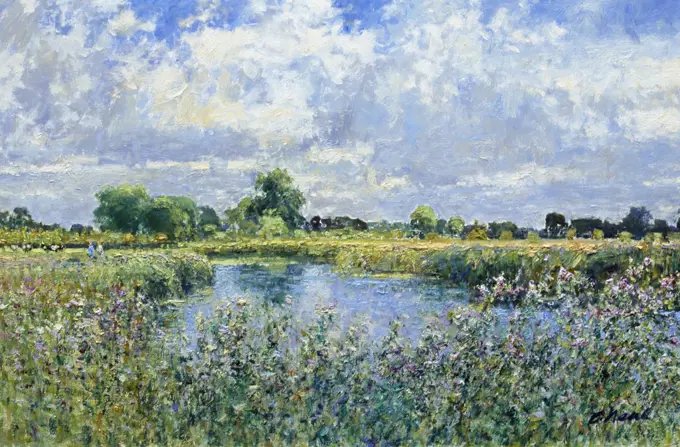 The Thames At Kelmscott, Oxfordshire. Afternoon August. Charles Neal (b.1951 British) Oil On Panel