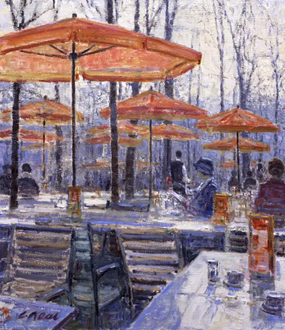 Winter cafe scene, Jardin des Tuileries, Paris, France, Charles Neal, (b.1951/British), Oil on canvas