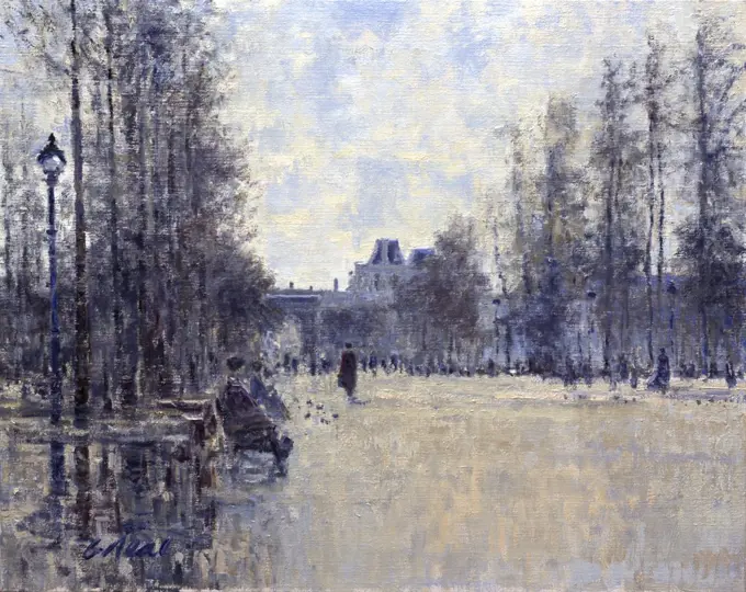 View to the Musee des Arts, Louvre, Central walk Jardin des Tuileries, Paris, France, Charles Neal, (b.1951/British), Oil on canvas