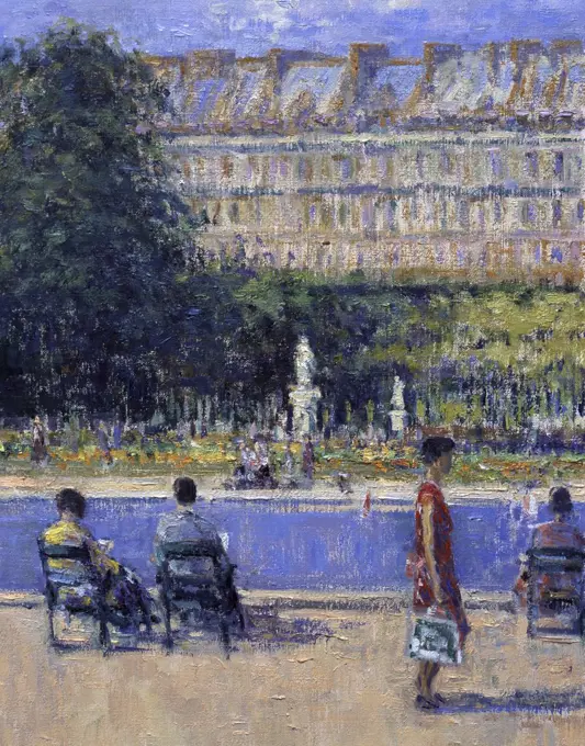 Sailing in the park, Jardin des Tuileries, Paris, France, Charles Neal, (b.1951/British), Oil on canvas