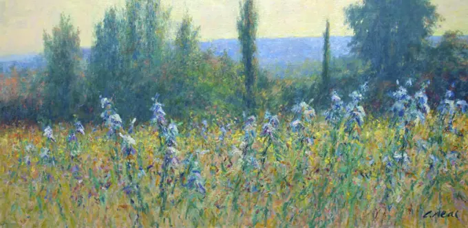 French countryside landscape impressionist scene with Irises.