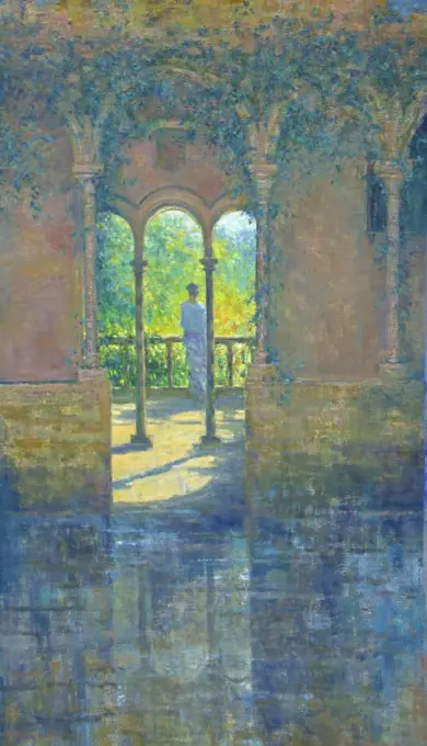 Alter Realist composition of a arcadian setting incorporating the Cloister interior at Iford Manor Wiltshire. Based on a poem by Elisabeth - Cartwright- Hignett written in 1997, at Iford Manor . Time is our chequerboard of dark and bright.With peace and turmoil, grieving and delight; andinthe end there's no moretime to tell to make amends;solove,and use time well.  