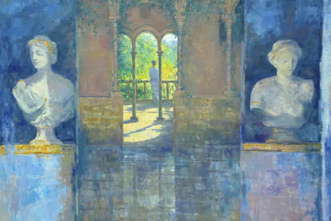 Alter Realist composition of a arcadian setting incorporating the Cloister interior at Iford Manor Wiltshire. Based on a poem by Elisabeth - Cartwright- Hignett written in 1997, at Iford Manor . Time is our chequerboard of dark and bright. With peace and turmoil, grieving and delight; and in the end there's no moretime to tell to make amends;solove,and use time well.