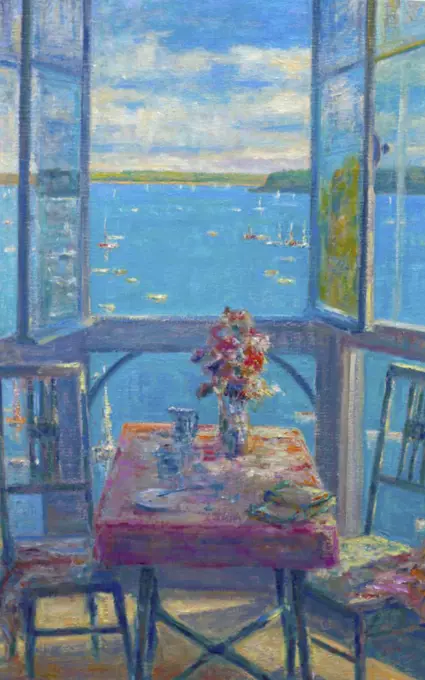Impressionist interior composition with open window and view to sea .